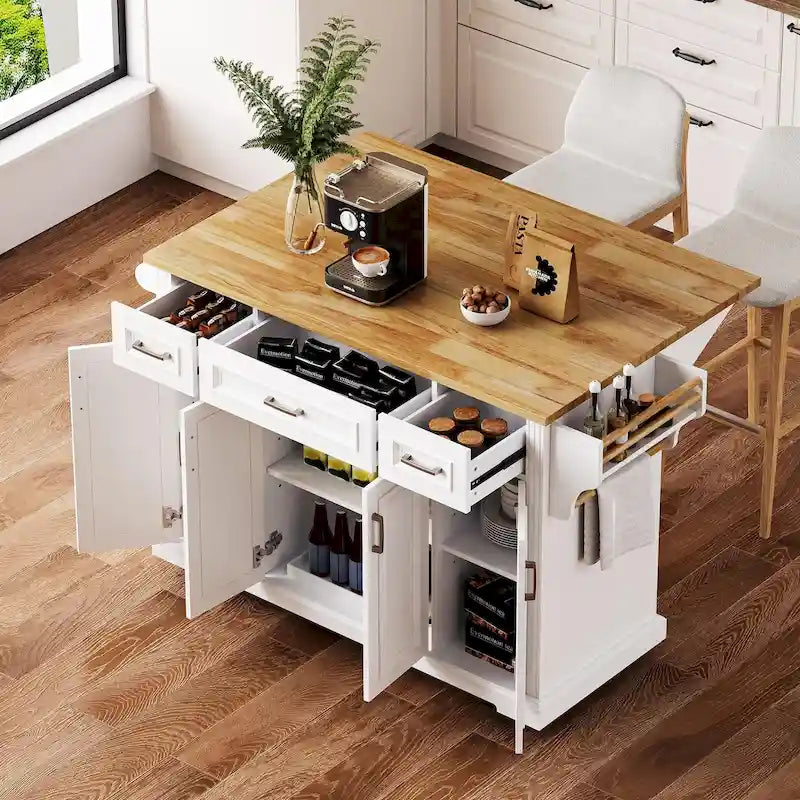 Spacious White Kitchen Island with Wood Drop Leaf, Embossed Texture Rolling Cart Featuring Doors and Drawers for Ample Storage 18