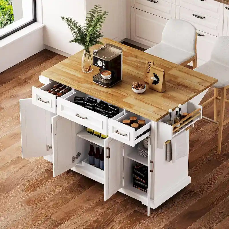 Spacious White Kitchen Island with Wood Drop Leaf, Embossed Texture Rolling Cart Featuring Doors and Drawers for Ample Storage 1