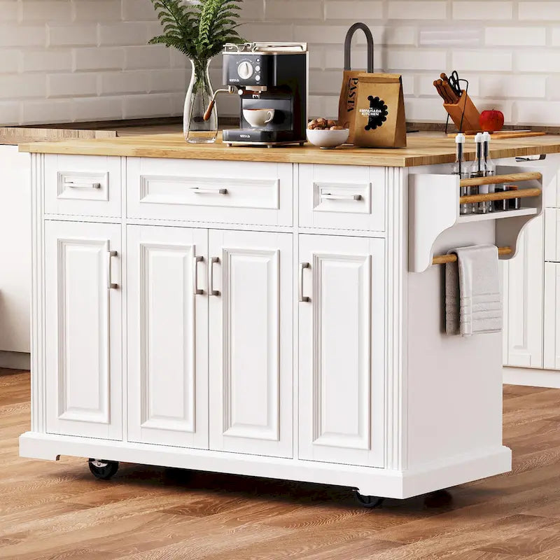 Spacious White Kitchen Island with Wood Drop Leaf, Embossed Texture Rolling Cart Featuring Doors and Drawers for Ample Storage 2
