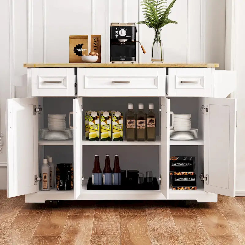 Spacious White Kitchen Island with Wood Drop Leaf, Embossed Texture Rolling Cart Featuring Doors and Drawers for Ample Storage 3