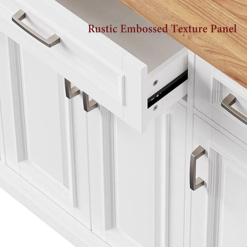 Spacious White Kitchen Island with Wood Drop Leaf, Embossed Texture Rolling Cart Featuring Doors and Drawers for Ample Storage 4
