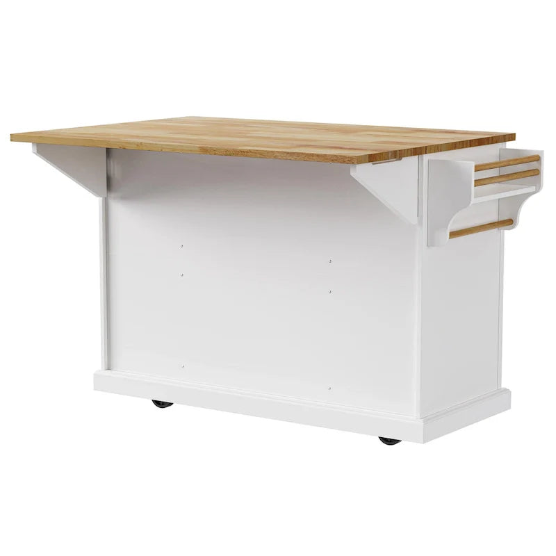 Spacious White Kitchen Island with Wood Drop Leaf, Embossed Texture Rolling Cart Featuring Doors and Drawers for Ample Storage 5