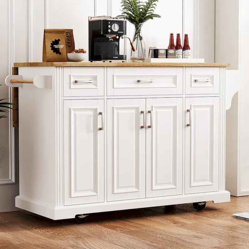 Spacious White Kitchen Island with Wood Drop Leaf, Embossed Texture Rolling Cart Featuring Doors and Drawers for Ample Storage 6