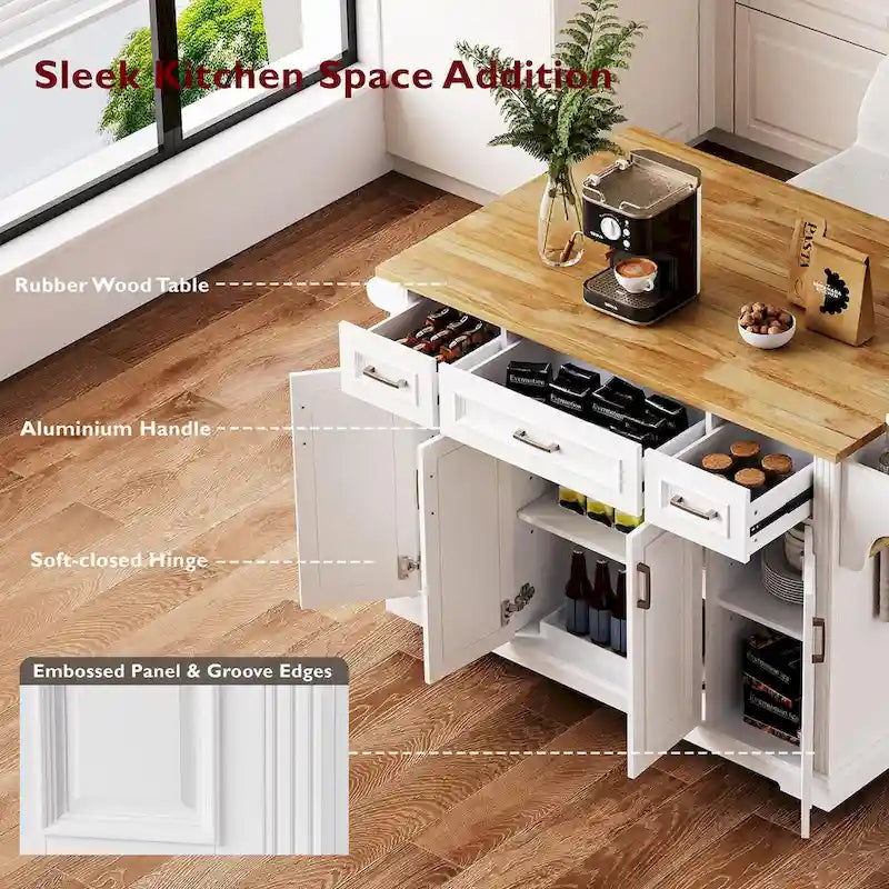 Spacious White Kitchen Island with Wood Drop Leaf, Embossed Texture Rolling Cart Featuring Doors and Drawers for Ample Storage 7