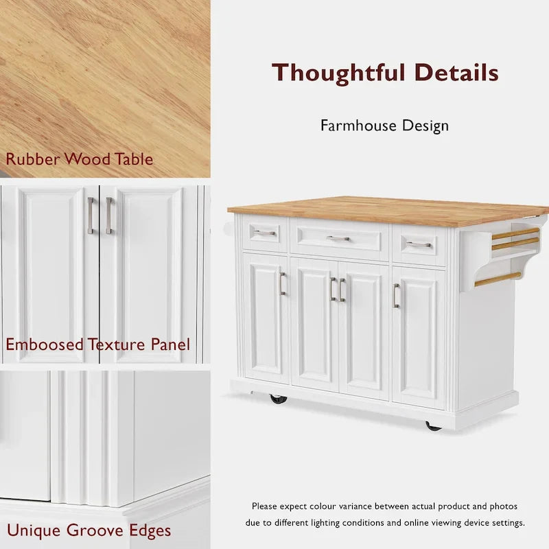 Spacious White Kitchen Island with Wood Drop Leaf, Embossed Texture Rolling Cart Featuring Doors and Drawers for Ample Storage 8