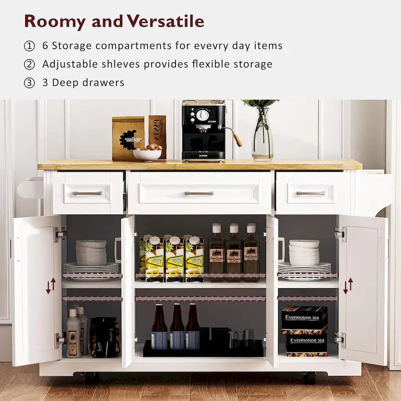 Spacious White Kitchen Island with Wood Drop Leaf, Embossed Texture Rolling Cart Featuring Doors and Drawers for Ample Storage 9