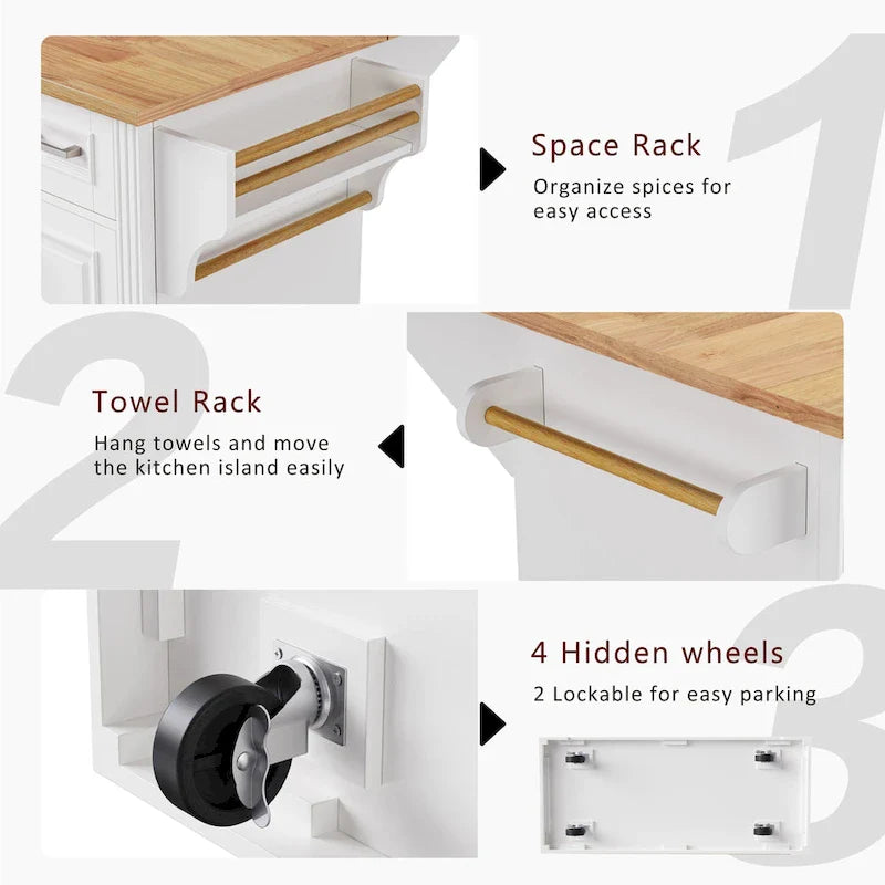 Spacious White Kitchen Island with Wood Drop Leaf, Embossed Texture Rolling Cart Featuring Doors and Drawers for Ample Storage 10
