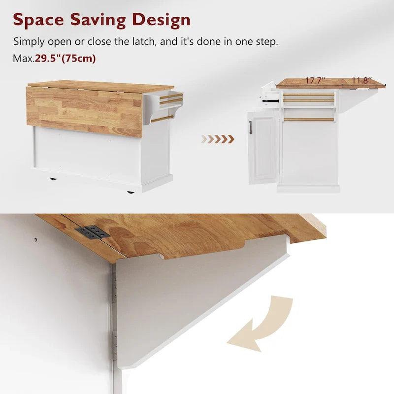 Spacious White Kitchen Island with Wood Drop Leaf, Embossed Texture Rolling Cart Featuring Doors and Drawers for Ample Storage 11