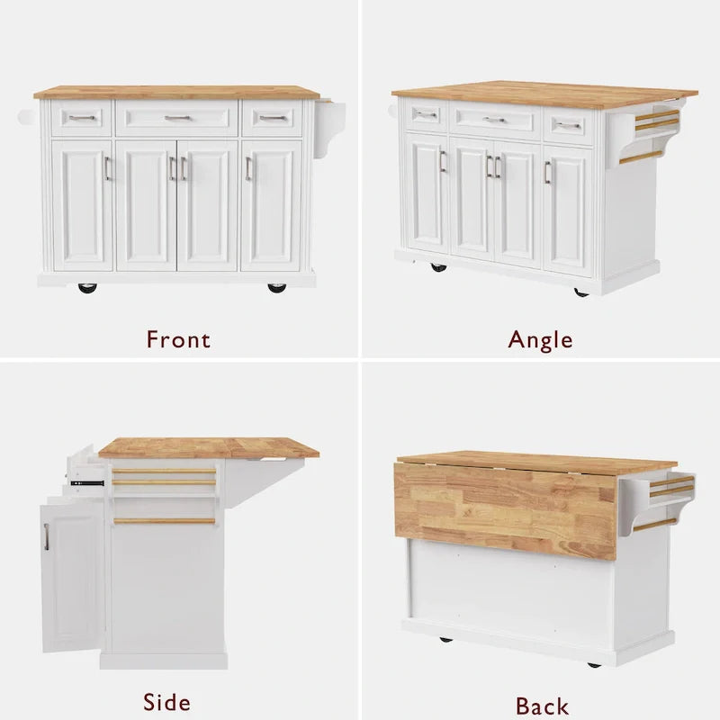 Spacious White Kitchen Island with Wood Drop Leaf, Embossed Texture Rolling Cart Featuring Doors and Drawers for Ample Storage 12