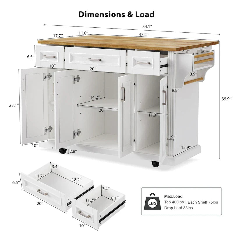 Spacious White Kitchen Island with Wood Drop Leaf, Embossed Texture Rolling Cart Featuring Doors and Drawers for Ample Storage 13