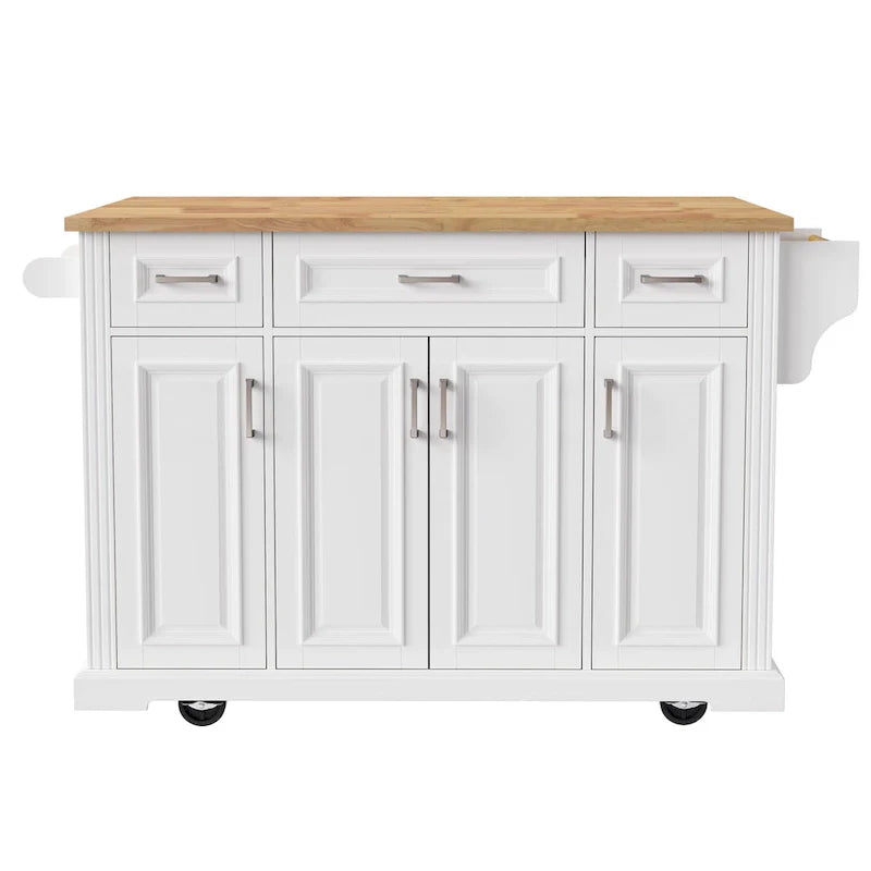 Spacious White Kitchen Island with Wood Drop Leaf, Embossed Texture Rolling Cart Featuring Doors and Drawers for Ample Storage 14