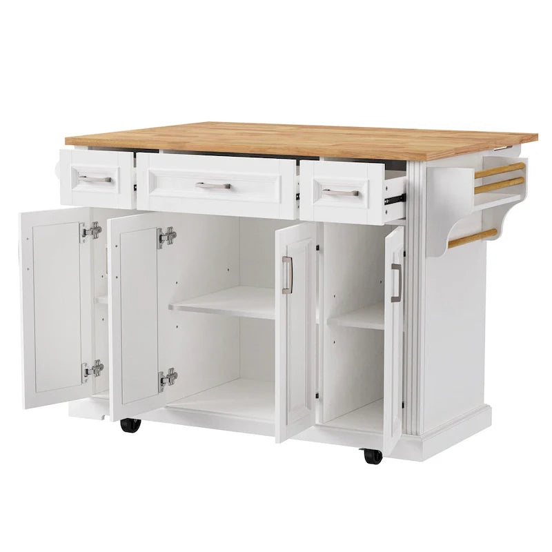 Spacious White Kitchen Island with Wood Drop Leaf, Embossed Texture Rolling Cart Featuring Doors and Drawers for Ample Storage 15