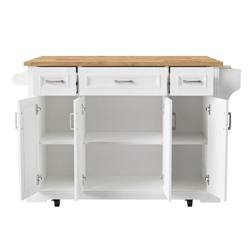 Spacious White Kitchen Island with Wood Drop Leaf, Embossed Texture Rolling Cart Featuring Doors and Drawers for Ample Storage 16