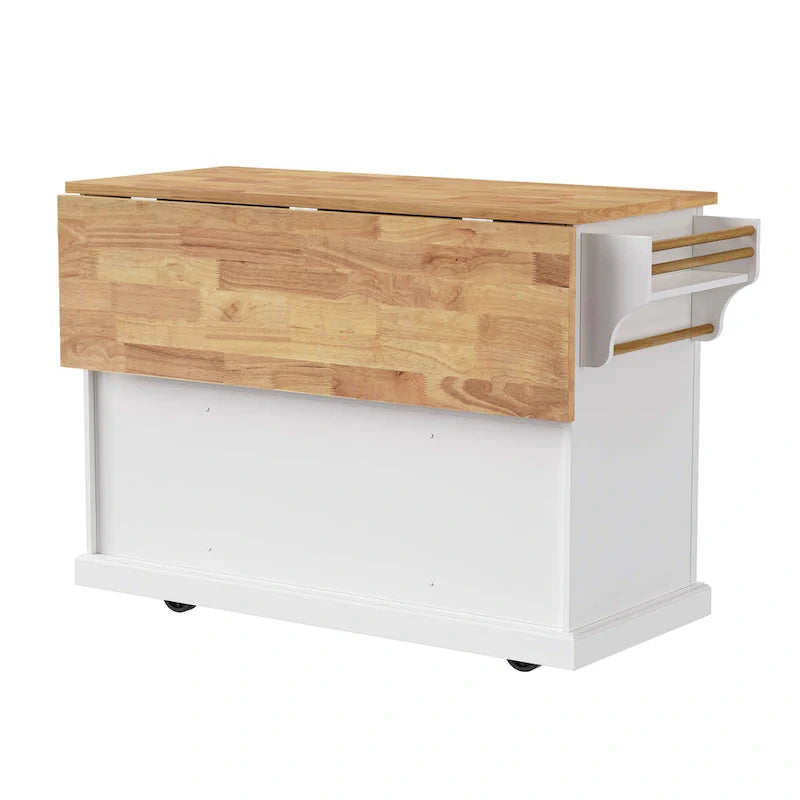 Spacious White Kitchen Island with Wood Drop Leaf, Embossed Texture Rolling Cart Featuring Doors and Drawers for Ample Storage 17