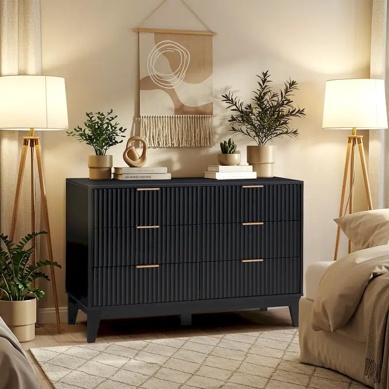 Modern 6 Drawer Dresser with Fluted Front and Metal Handles 20