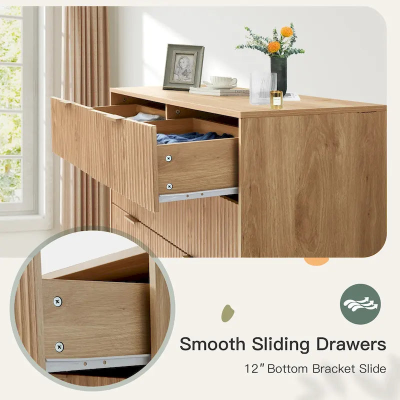 Modern 6 Drawer Dresser with Fluted Front and Metal Handles