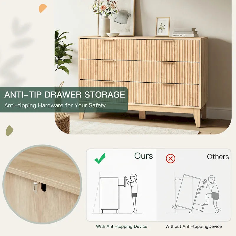 Modern 6 Drawer Dresser with Fluted Front and Metal Handles 3