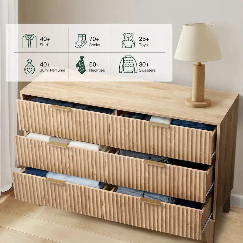 Modern 6 Drawer Dresser with Fluted Front and Metal Handles