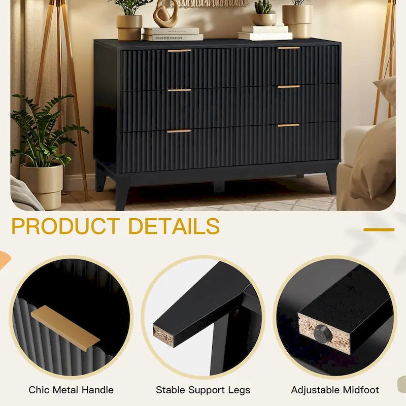 Modern 6 Drawer Dresser with Fluted Front and Metal Handles 5