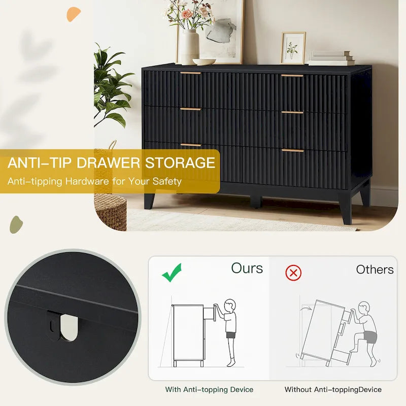 EROMMY Mid-Century Modern 6-Drawer Fluted Dresser - Wide Chest with Metal Handles for Bedroom and Living Room 6