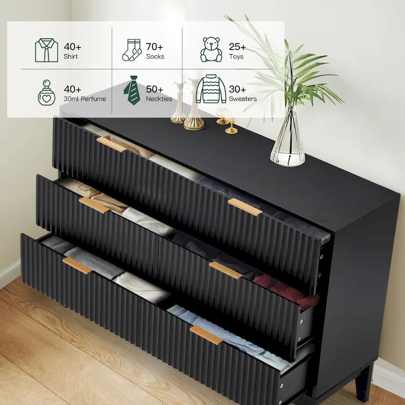 Modern 6 Drawer Dresser with Fluted Front and Metal Handles 8