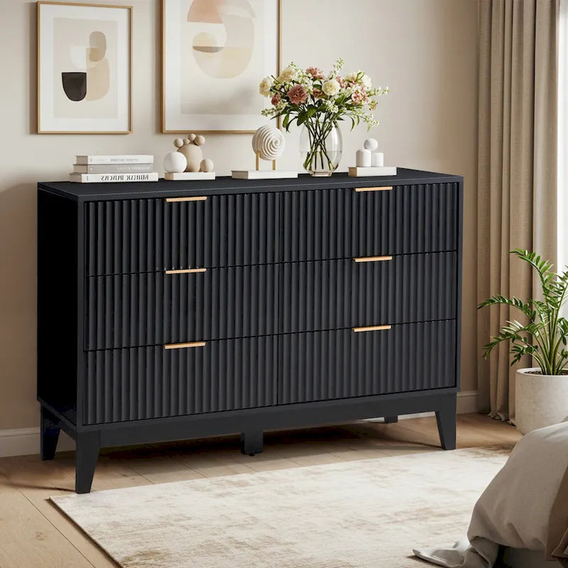 EROMMY Mid-Century Modern 6-Drawer Fluted Dresser - Wide Chest with Metal Handles for Bedroom and Living Room 9