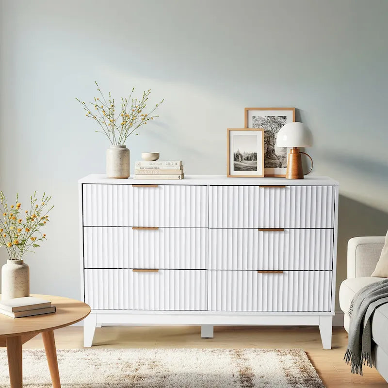 Modern 6 Drawer Dresser with Fluted Front and Metal Handles 12