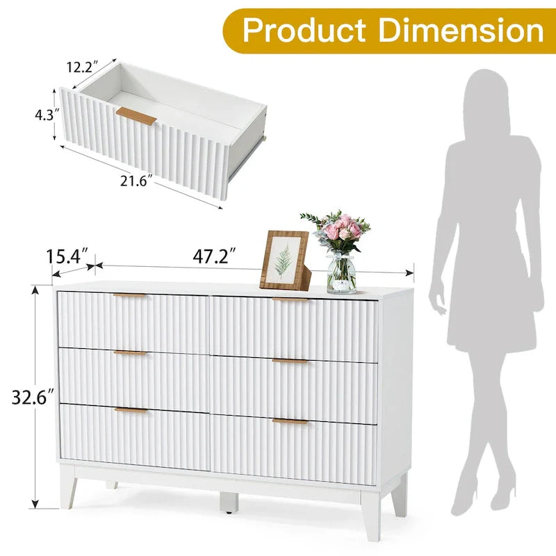 EROMMY Mid-Century Modern 6-Drawer Fluted Dresser - Wide Chest with Metal Handles for Bedroom and Living Room 13