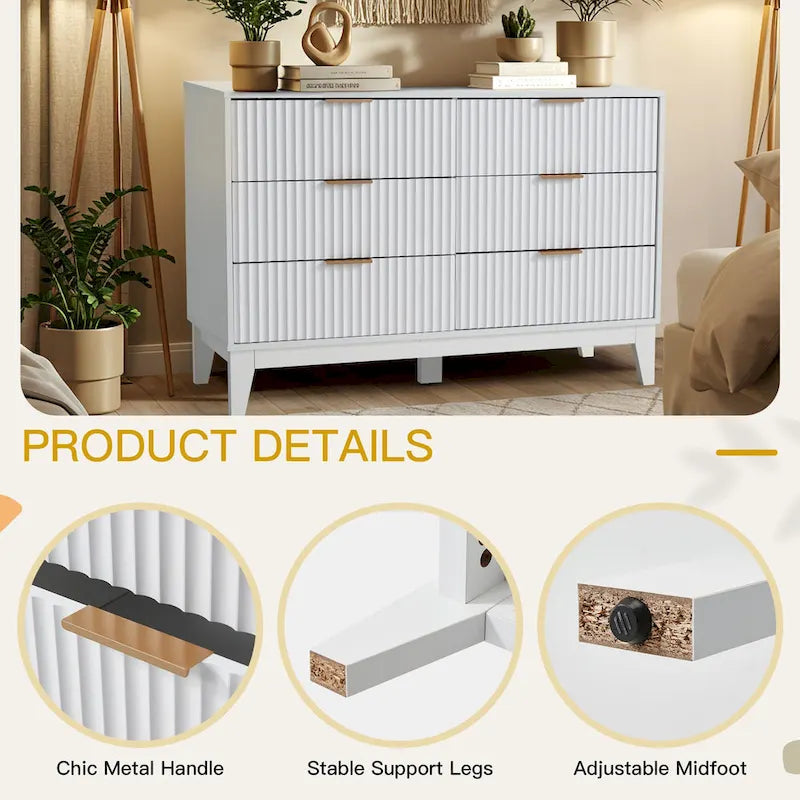 EROMMY Mid-Century Modern 6-Drawer Fluted Dresser - Wide Chest with Metal Handles for Bedroom and Living Room 15