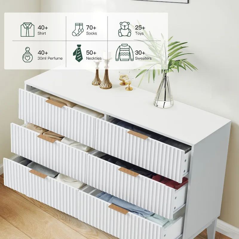 EROMMY Mid-Century Modern 6-Drawer Fluted Dresser - Wide Chest with Metal Handles for Bedroom and Living Room 17