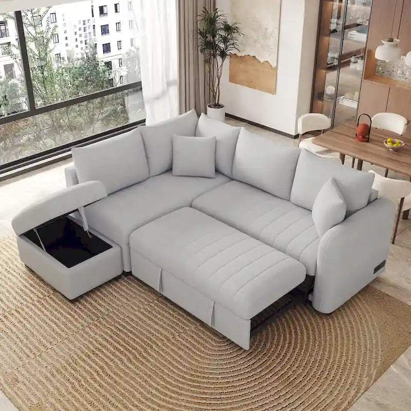 Roomfitters L-Shaped Sleeper Sofa with USB Ports, Power Outlets, and Versatile Storage Ottoman 2