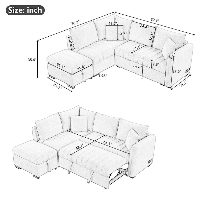 Sectional Sofa Bed with Storage Ottoman USB Ports and Pull Out Design 3
