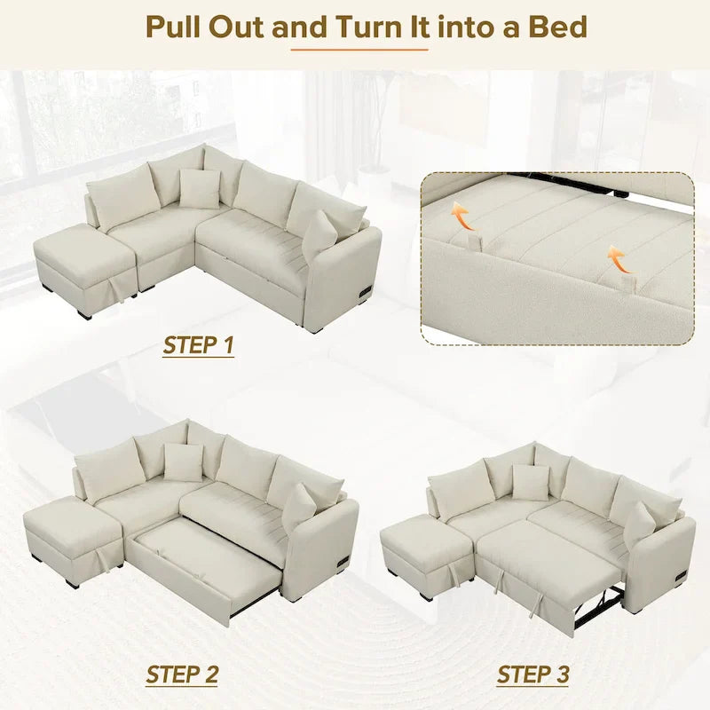 Sectional Sofa Bed with Storage Ottoman USB Ports and Pull Out Design 4