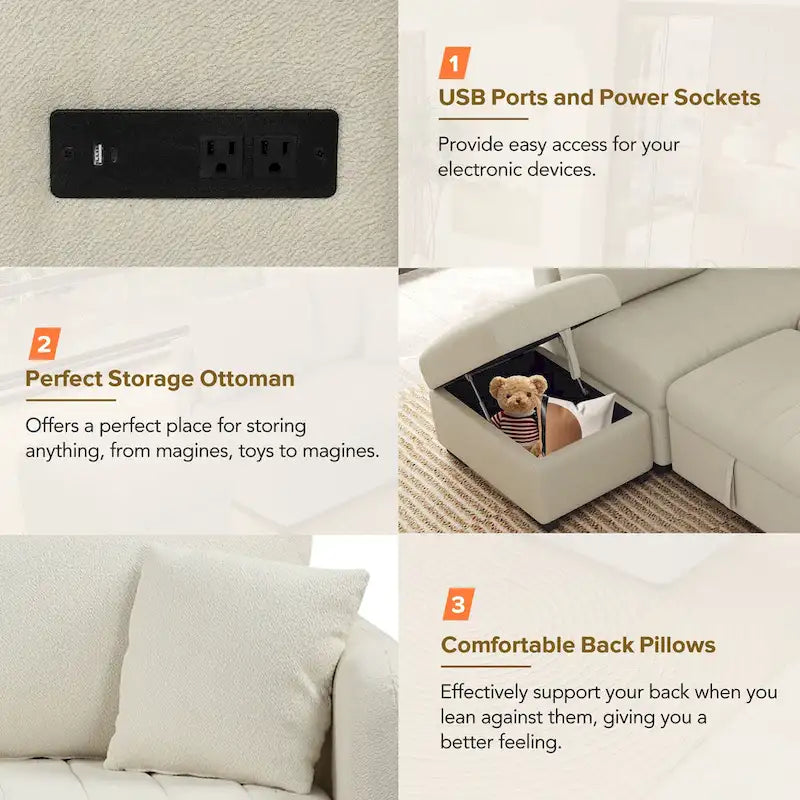 Roomfitters L-Shaped Sleeper Sofa with USB Ports, Power Outlets, and Versatile Storage Ottoman 6