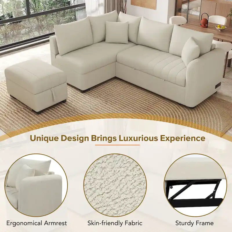 Roomfitters L-Shaped Sleeper Sofa with USB Ports, Power Outlets, and Versatile Storage Ottoman 7