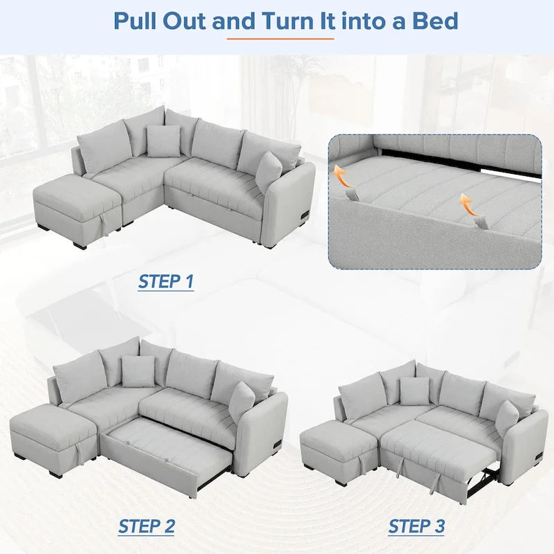 Sectional Sofa Bed with Storage Ottoman USB Ports and Pull Out Design 22