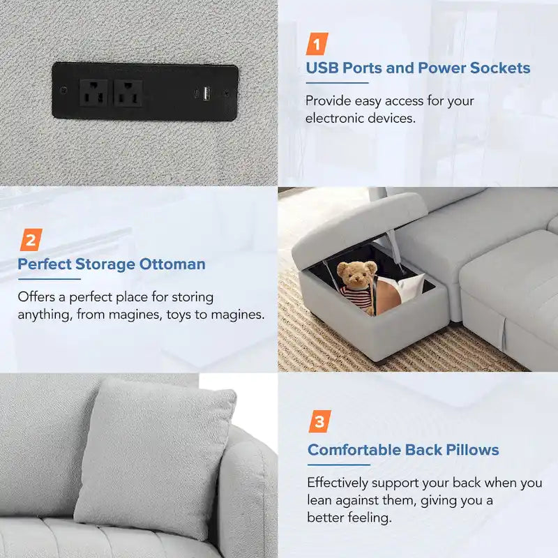 Roomfitters L-Shaped Sleeper Sofa with USB Ports, Power Outlets, and Versatile Storage Ottoman 24