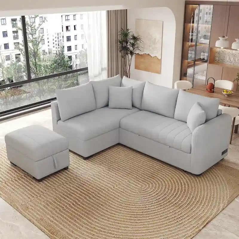 Roomfitters L-Shaped Sleeper Sofa with USB Ports, Power Outlets, and Versatile Storage Ottoman 26