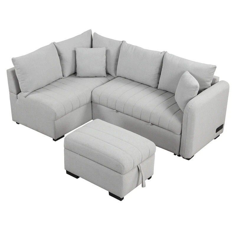 Roomfitters L-Shaped Sleeper Sofa with USB Ports, Power Outlets, and Versatile Storage Ottoman 34