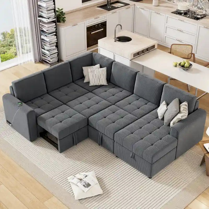 Roomfitters U-Shaped Sectional Sofa with Pull-Out Bed, Storage Chaise Lounge, and Integrated Charging Ports for Living Room 2