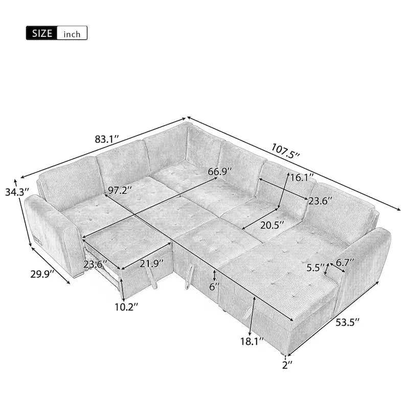 Roomfitters U-Shaped Sectional Sofa with Pull-Out Bed, Storage Chaise Lounge, and Integrated Charging Ports for Living Room 3