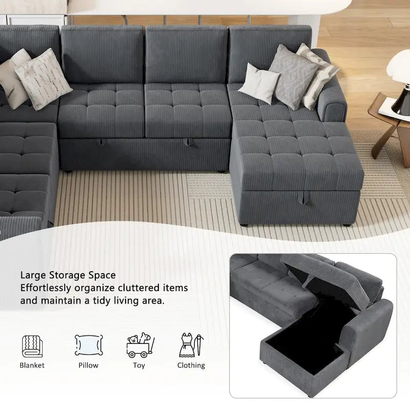 U Shaped Sectional Sofa with Pull Out Bed Storage and USB Ports 13