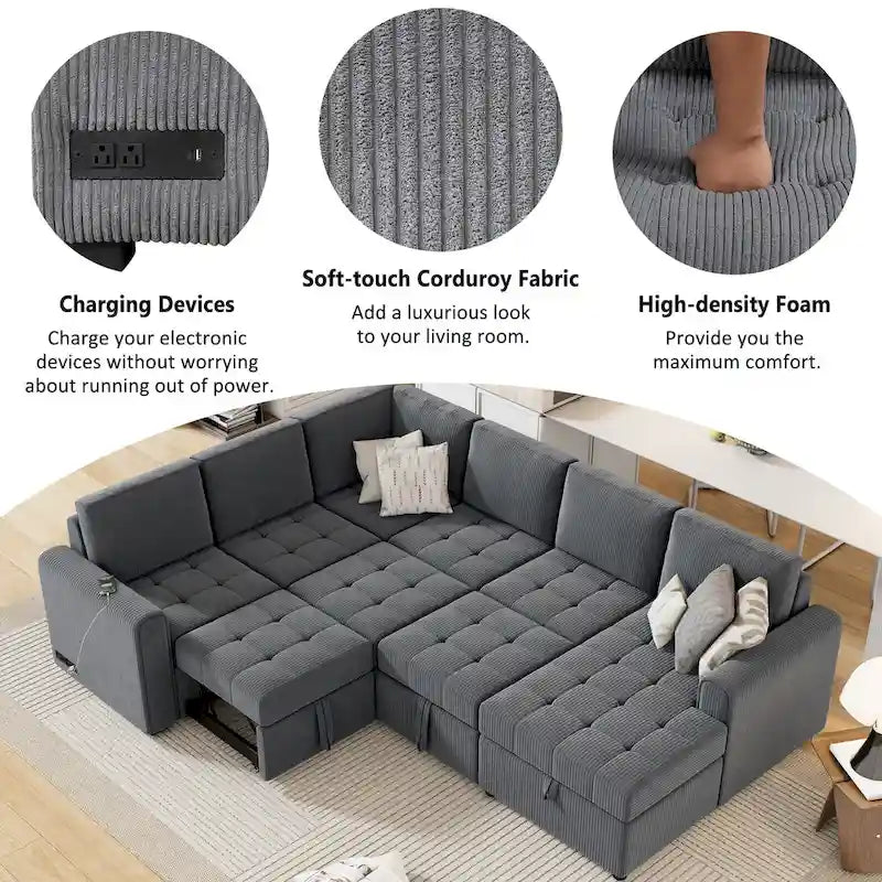 Roomfitters U-Shaped Sectional Sofa with Pull-Out Bed, Storage Chaise Lounge, and Integrated Charging Ports for Living Room 7