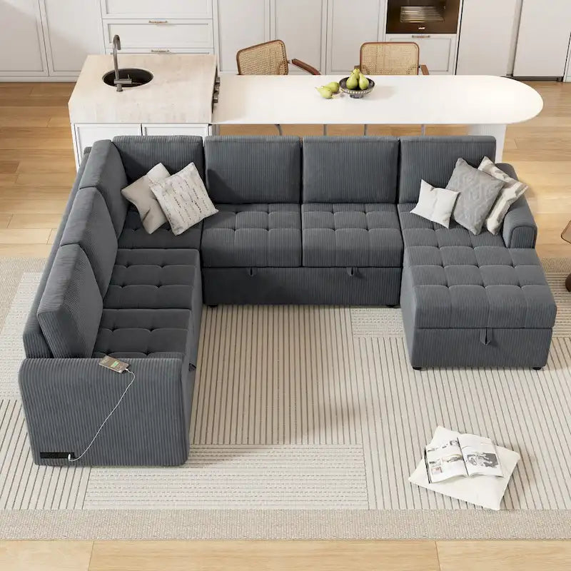 Roomfitters U-Shaped Sectional Sofa with Pull-Out Bed, Storage Chaise Lounge, and Integrated Charging Ports for Living Room 8