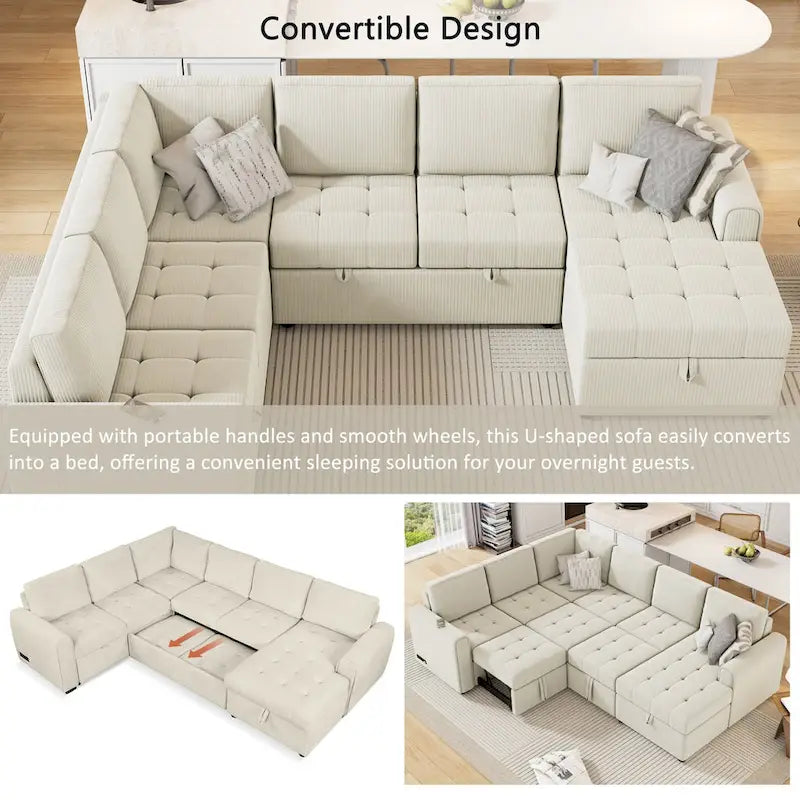 U Shaped Sectional Sofa with Pull Out Bed Storage and USB Ports 5