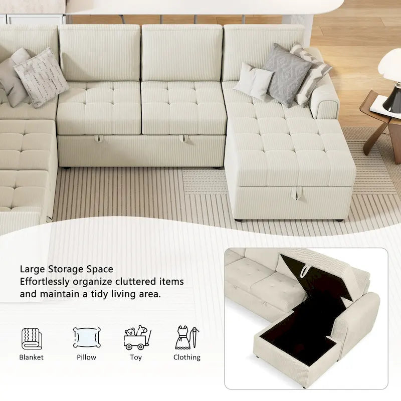 U Shaped Sectional Sofa with Pull Out Bed Storage and USB Ports 28