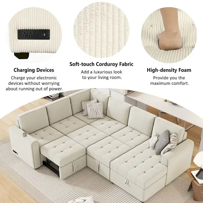 Roomfitters U-Shaped Sectional Sofa with Pull-Out Bed, Storage Chaise Lounge, and Integrated Charging Ports for Living Room 26
