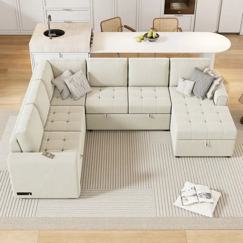 U Shaped Sectional Sofa with Pull Out Bed Storage and USB Ports 29