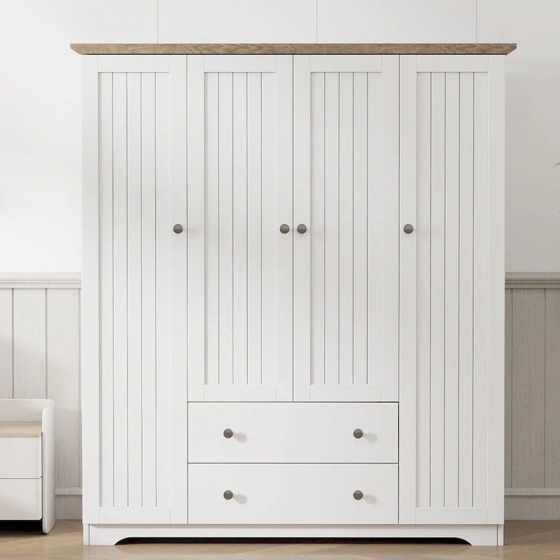 Freestanding 4-Door Wardrobe Armoire with 2 Drawers and Hanging Rods for Clothes Storage 1