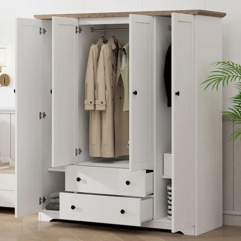 Freestanding 4-Door Wardrobe Armoire with 2 Drawers and Hanging Rods for Clothes Storage 2